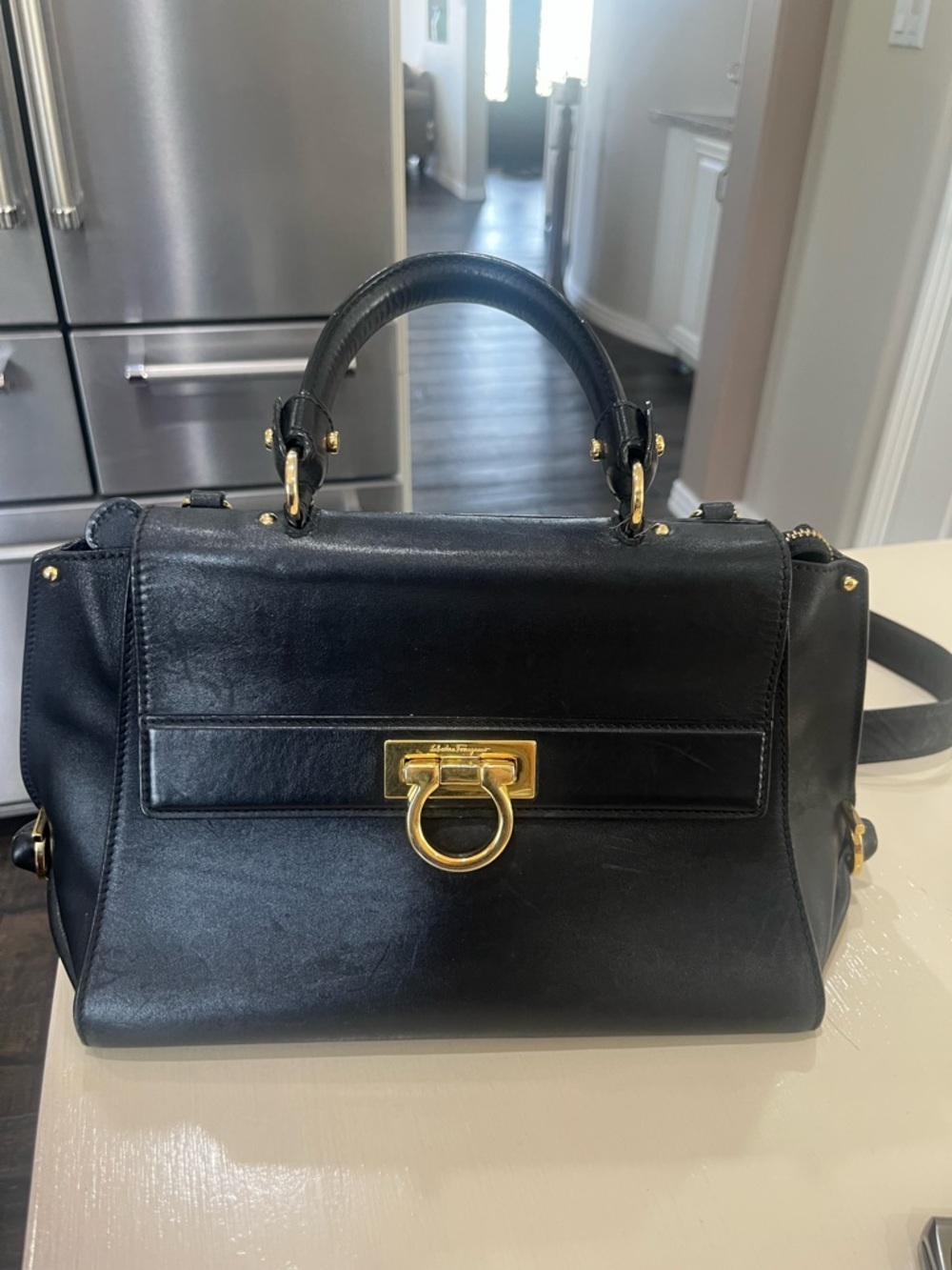 Salvatore Ferragamo Black Leather Top-Handle Satchel with Gold Hardware